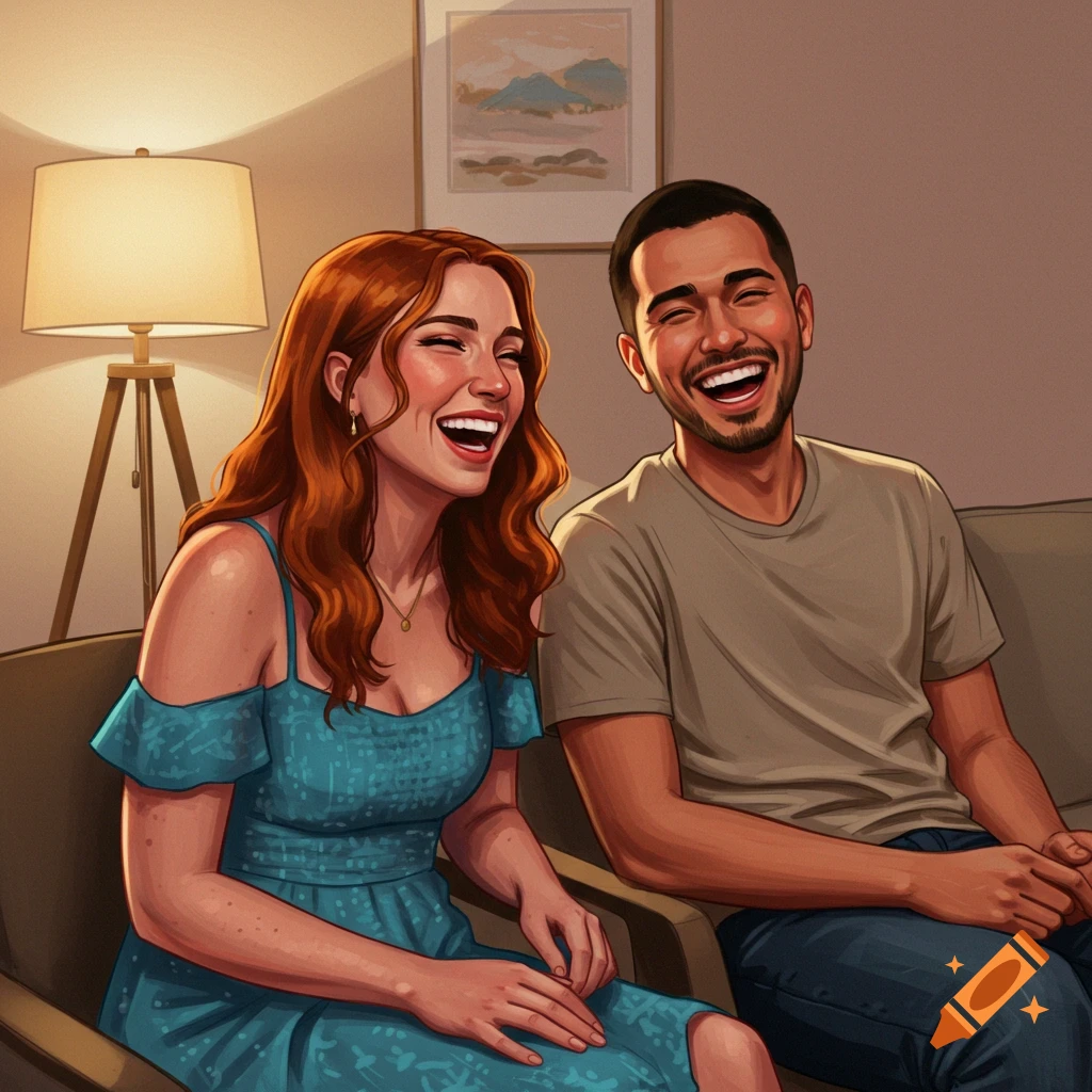 A couple laughing on a couch