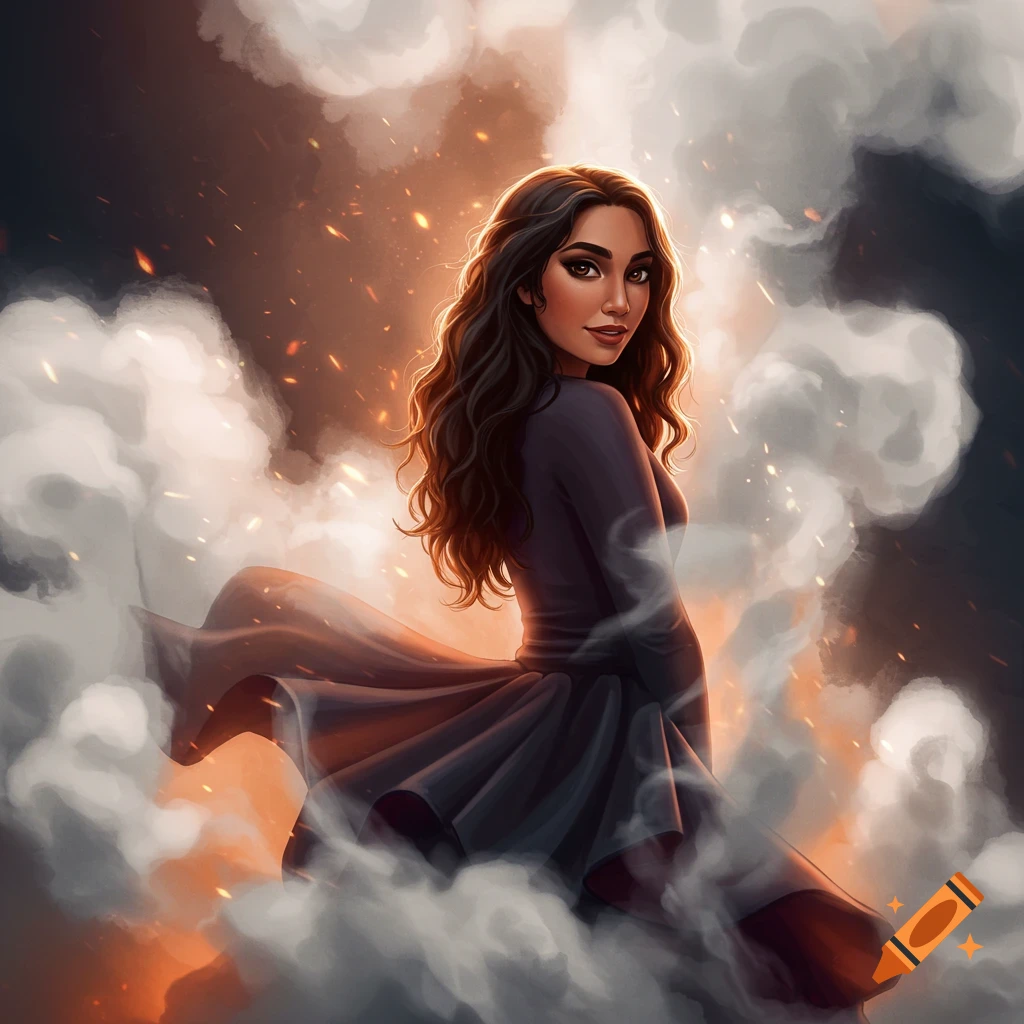 A woman in a dark dress is surrounded by smoke and glowing sparks.