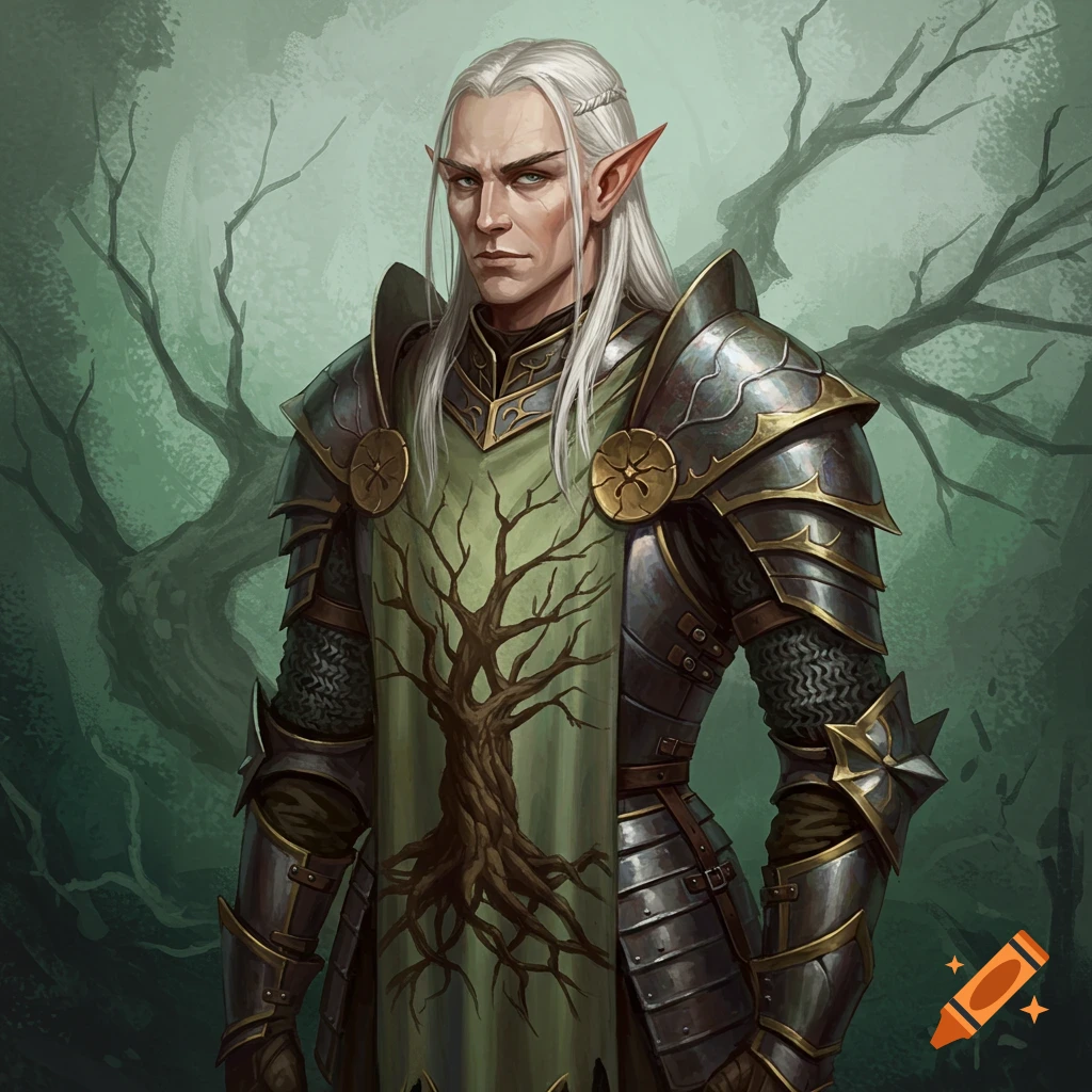 An elven knight in armor with a tree tabard, in a forest.