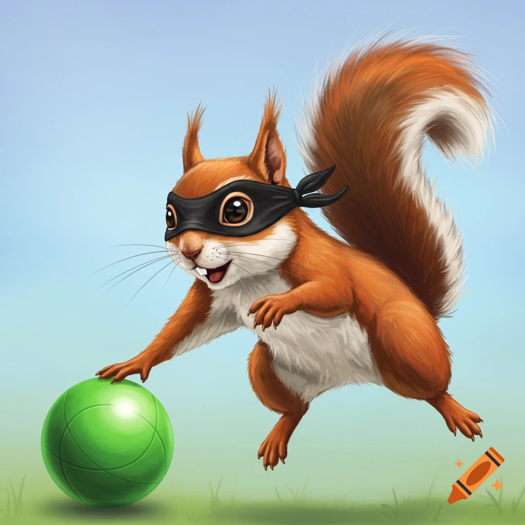 A squirrel wearing a bandit mask, pushing a green bocce ball.
