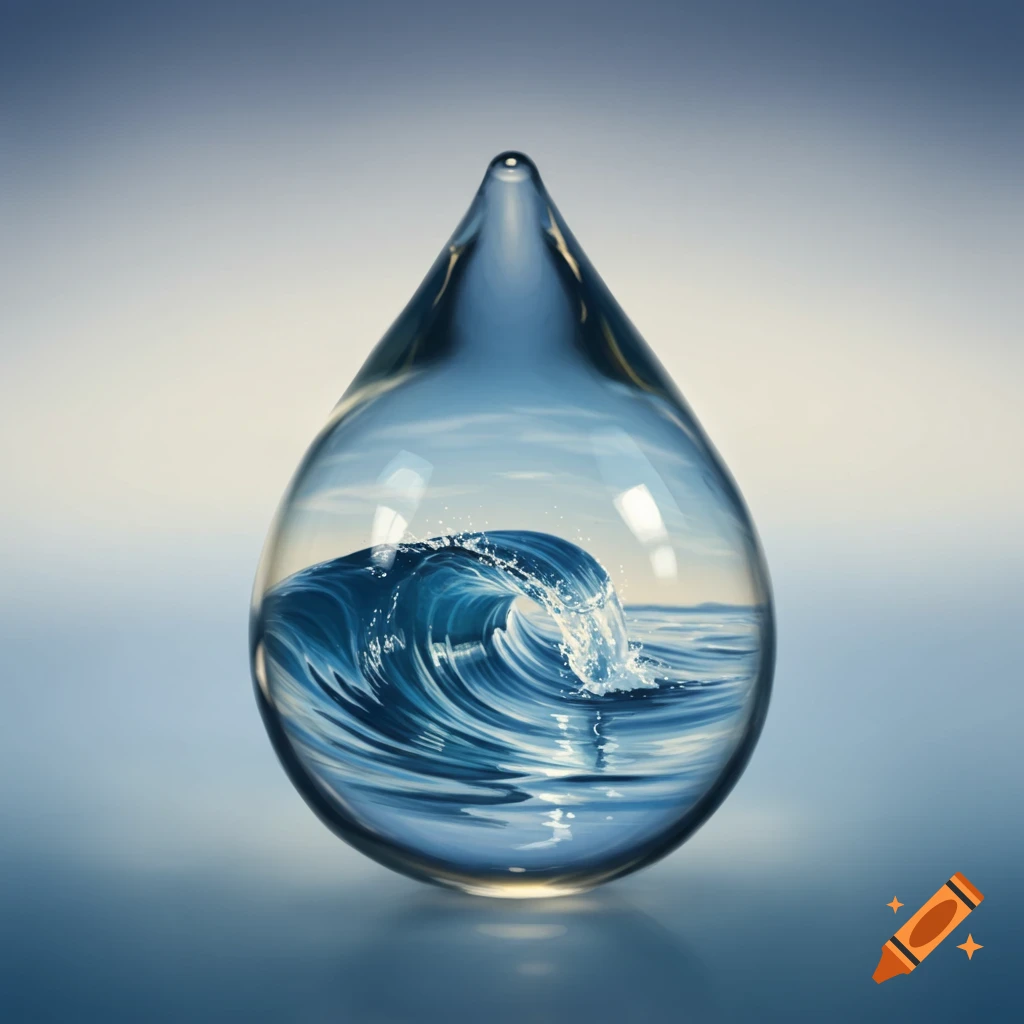 A large clear water drop containing a cresting blue wave.