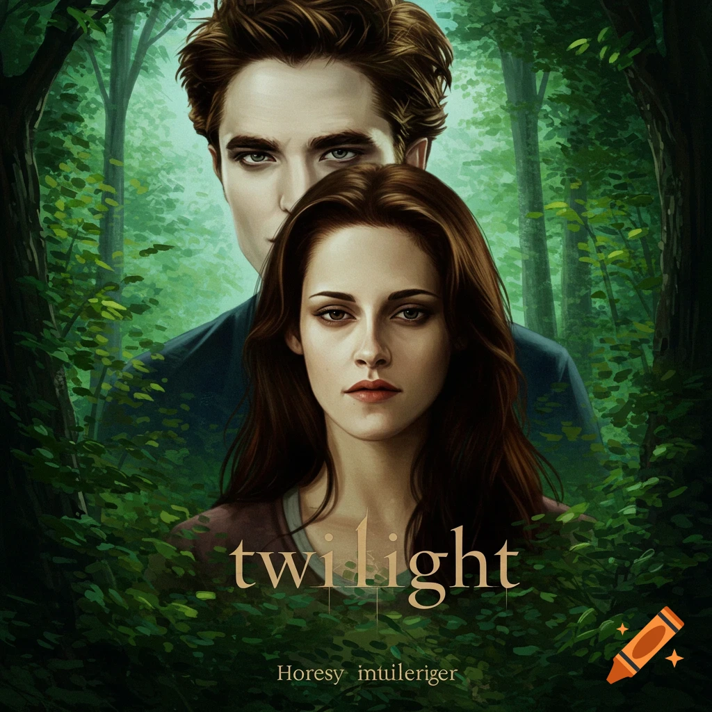 A man and woman in a forest, styled as a book cover with the title 'twilight'.