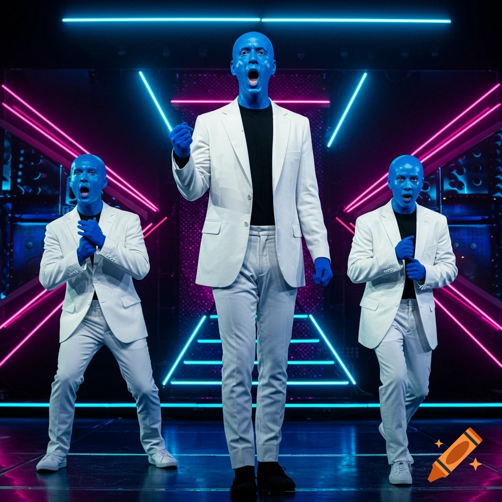 Three blue-painted performers in white suits on a stage with neon lights