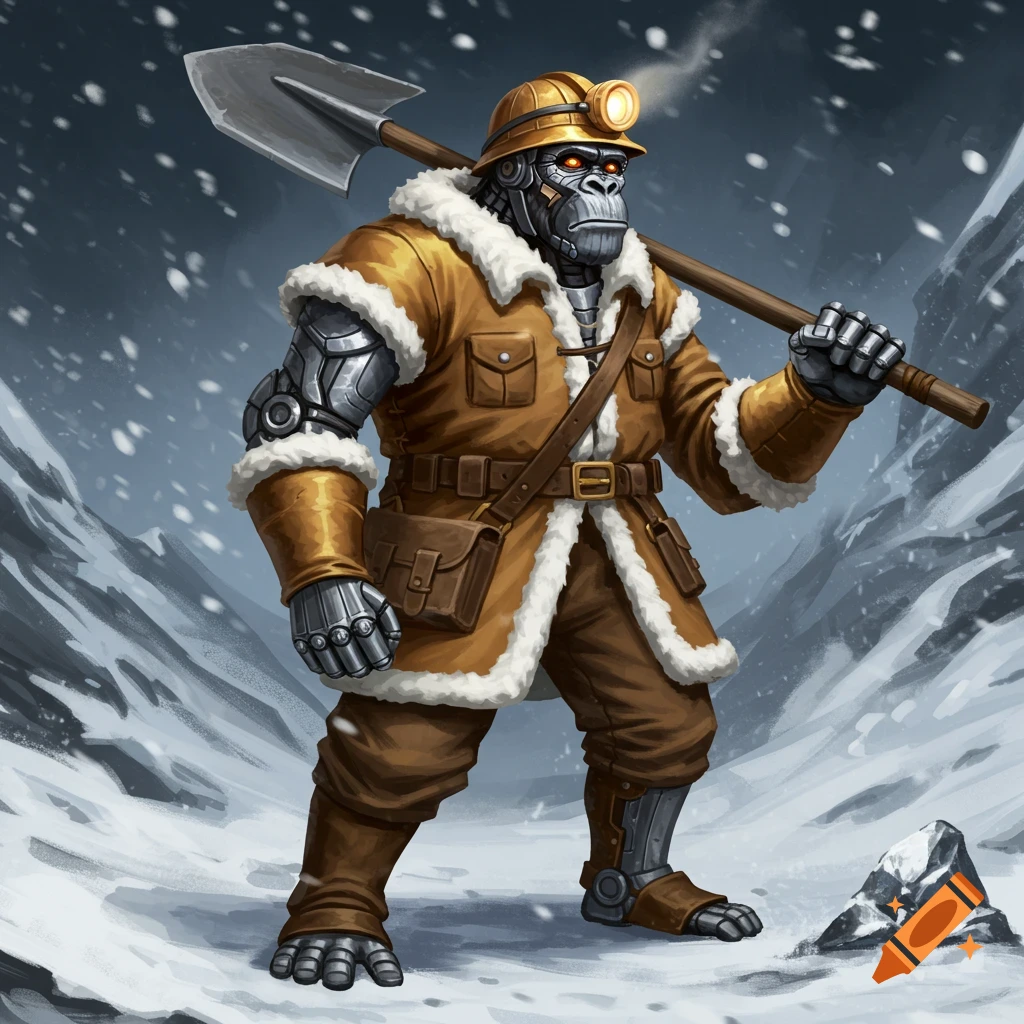 A stylized image of a cyborg ape in winter miner's clothes standing in a snowy mountain landscape.