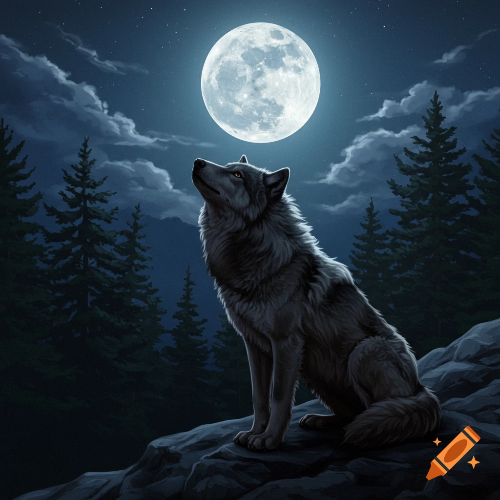 A wolf sitting on a rock, looking up at a large full moon in a forest at night.