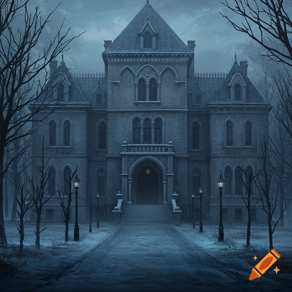 A dark Gothic mansion stands on a path in a snowy, moody landscape with bare trees.