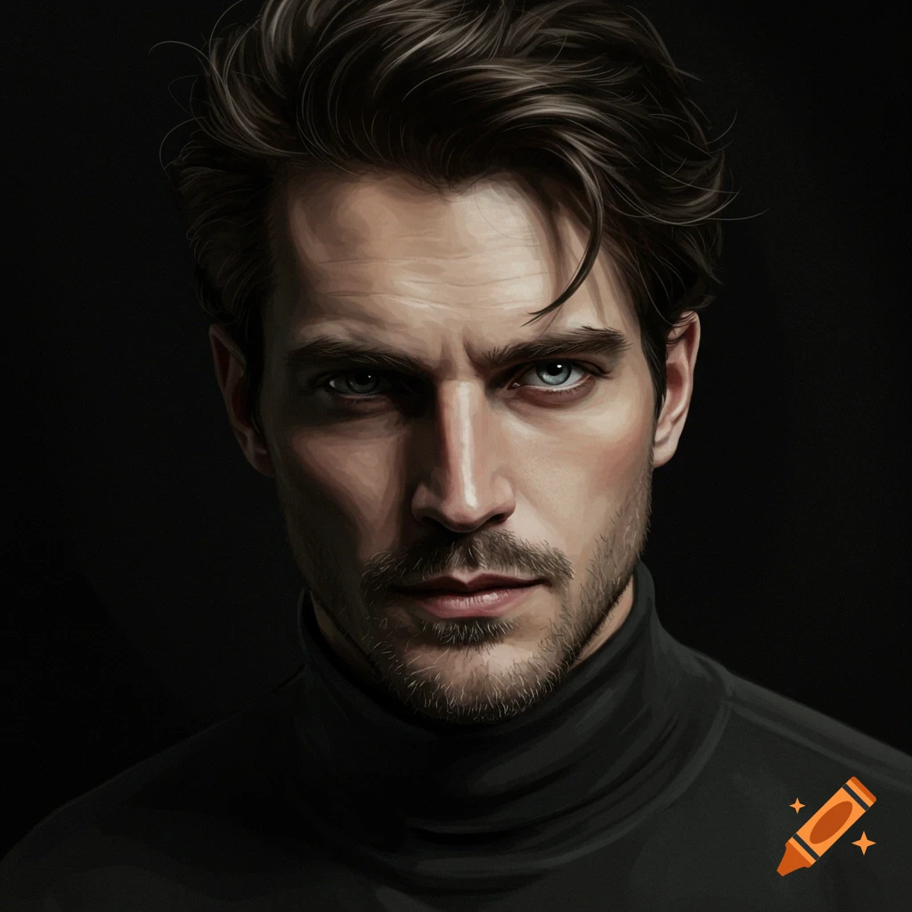 A close-up of a man with dark hair and blue eyes wearing a black turtleneck.