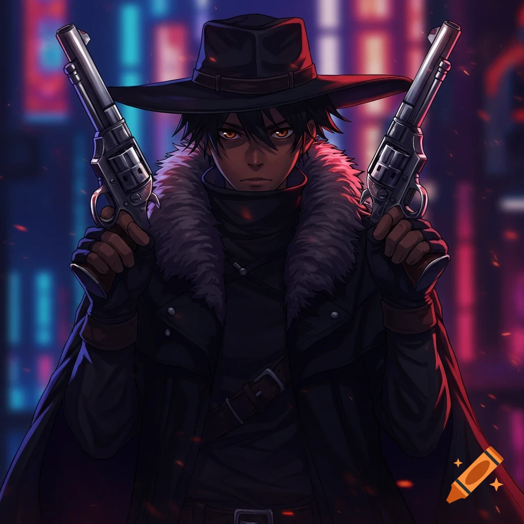 Anime bounty hunter holding revolvers in a dark city
