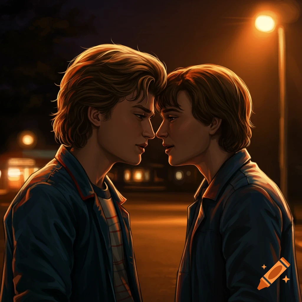 Two men looking at each other intimately under a street light.