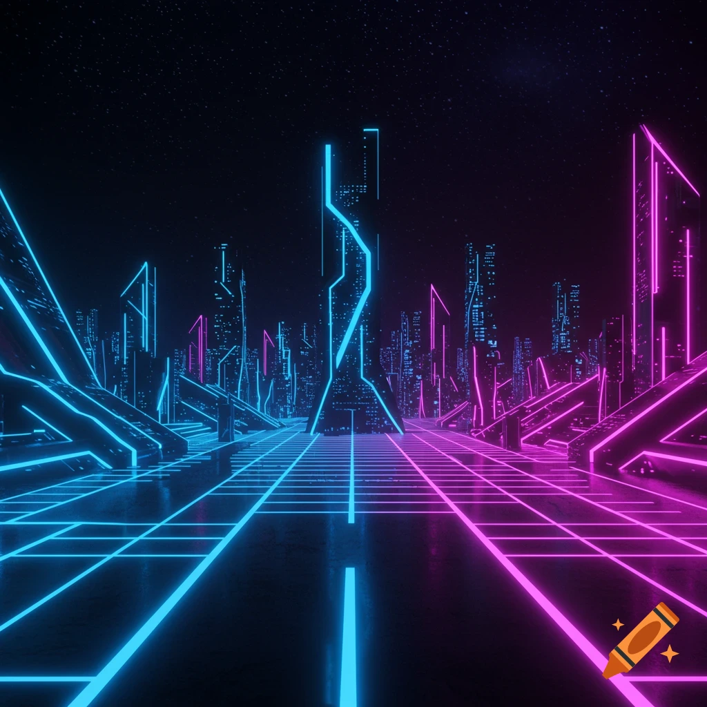 A futuristic city scape with neon blue and pink lights and a grid pattern