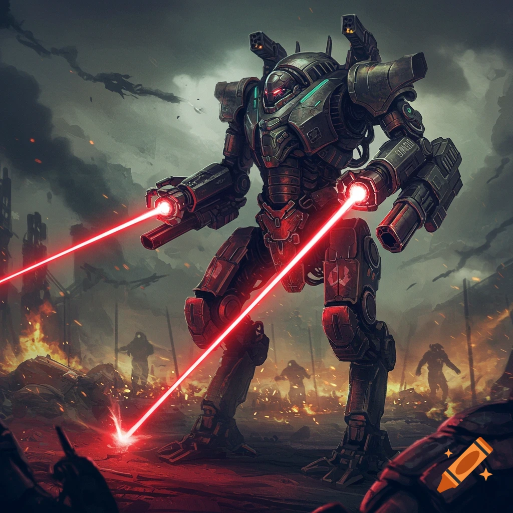 A large battle robot fires lasers amidst a destroyed city.