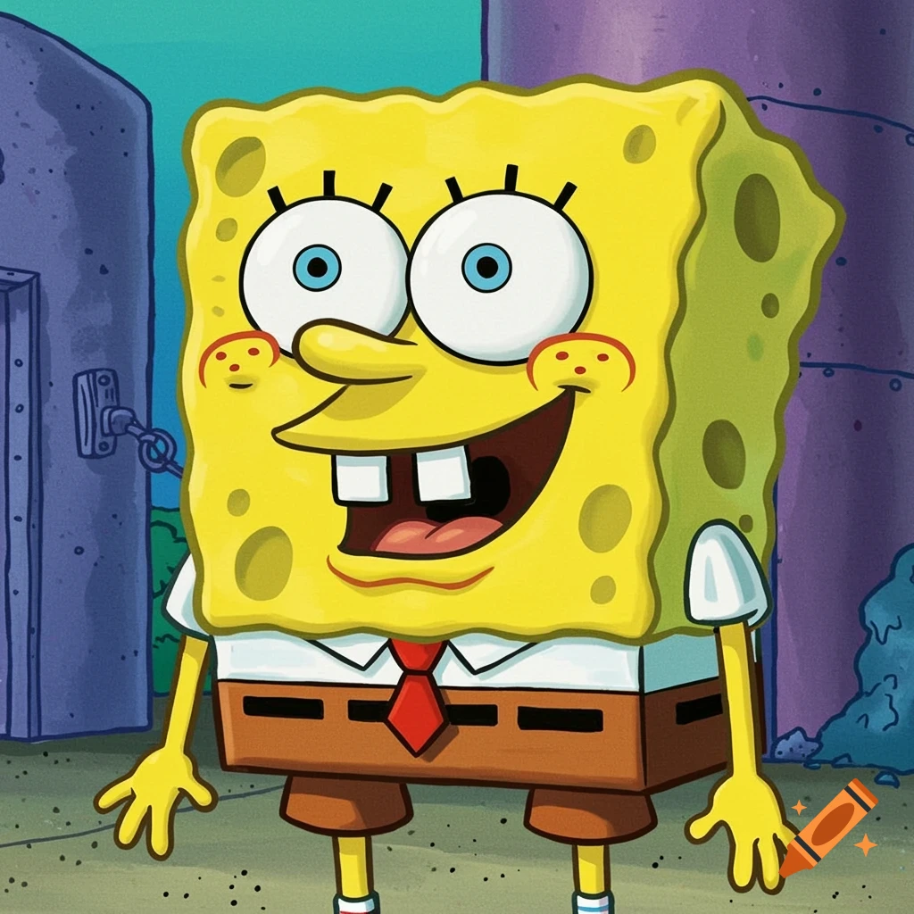 Spongebob Squarepants standing outdoors, smiling broadly