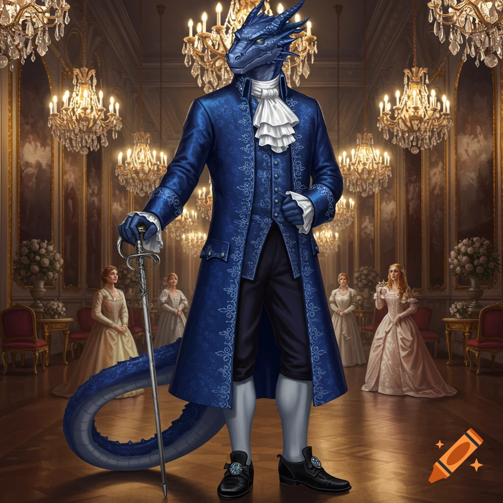 A dragonborn noble in a blue coat stands in a lavish ballroom.