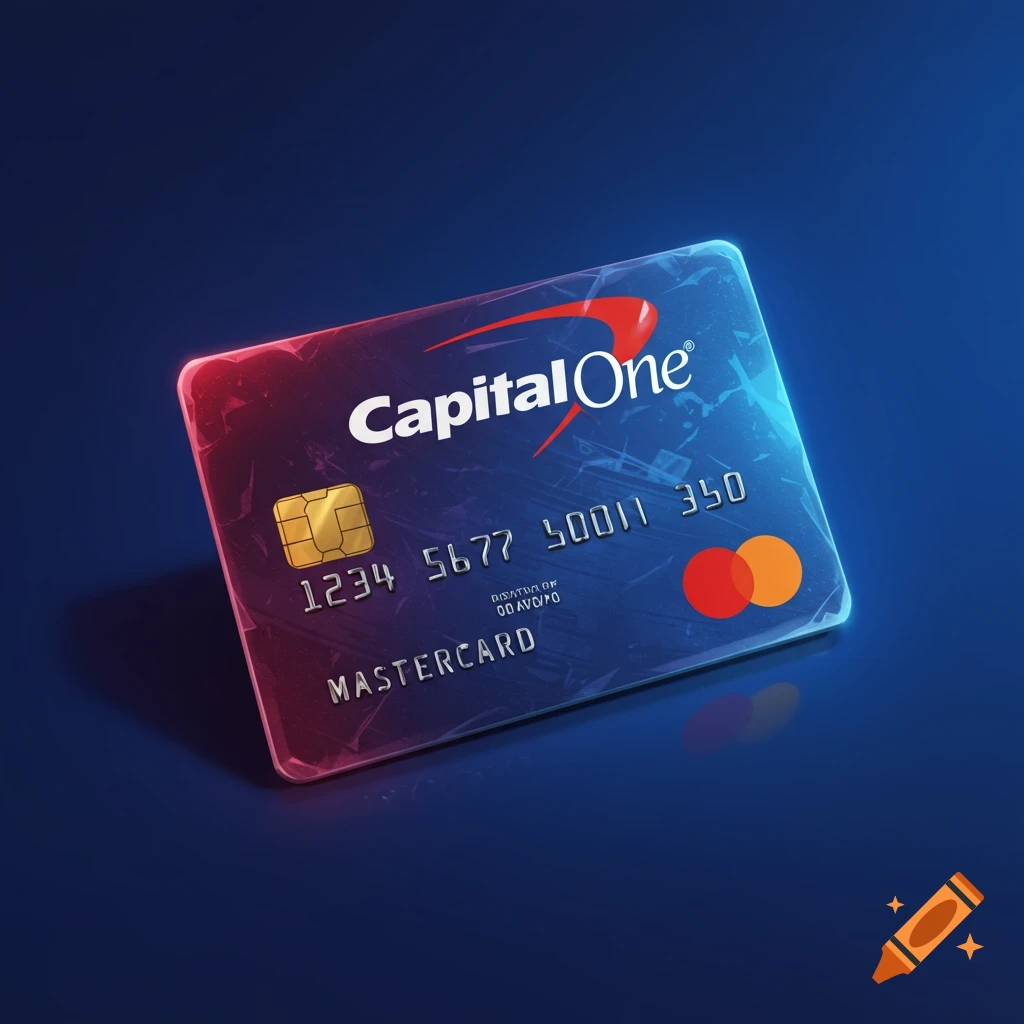 A Capital One Mastercard with glowing edges on a dark blue background.