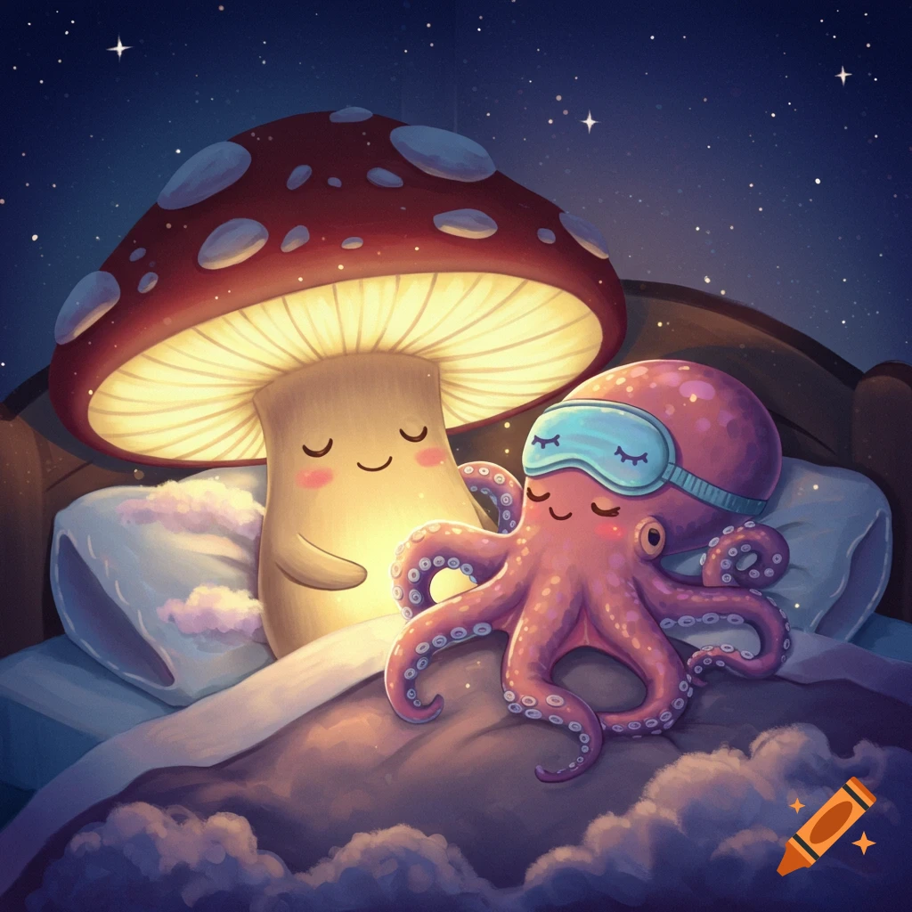 A cute mushroom and octopus snuggle together in a bed under a starry night sky.