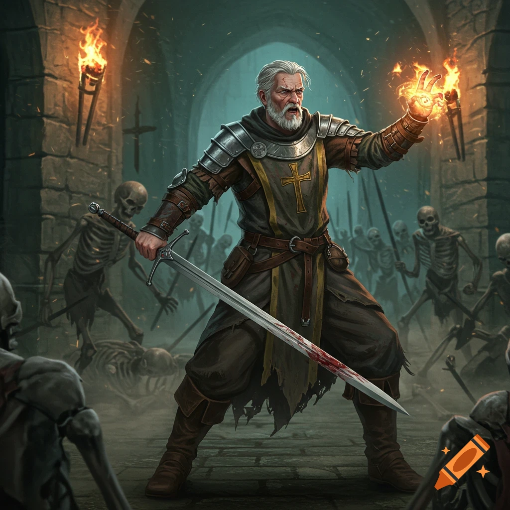 Old battle cleric fights undead skeletons in dungeon.