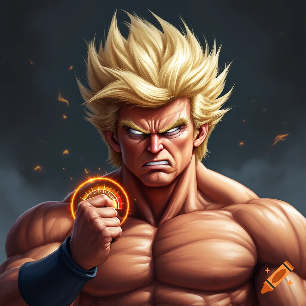 Muscular man with spiky blonde hair like a fusion of Trump and Vegeta, angry expression, glowing power meter around fist.