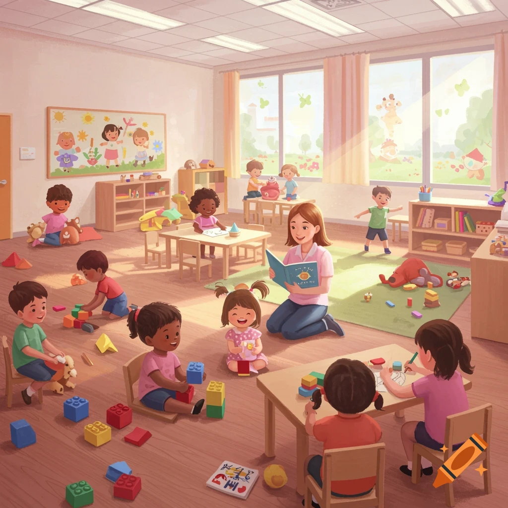 A vibrant depiction of a busy daycare with children playing and a teacher reading a story.