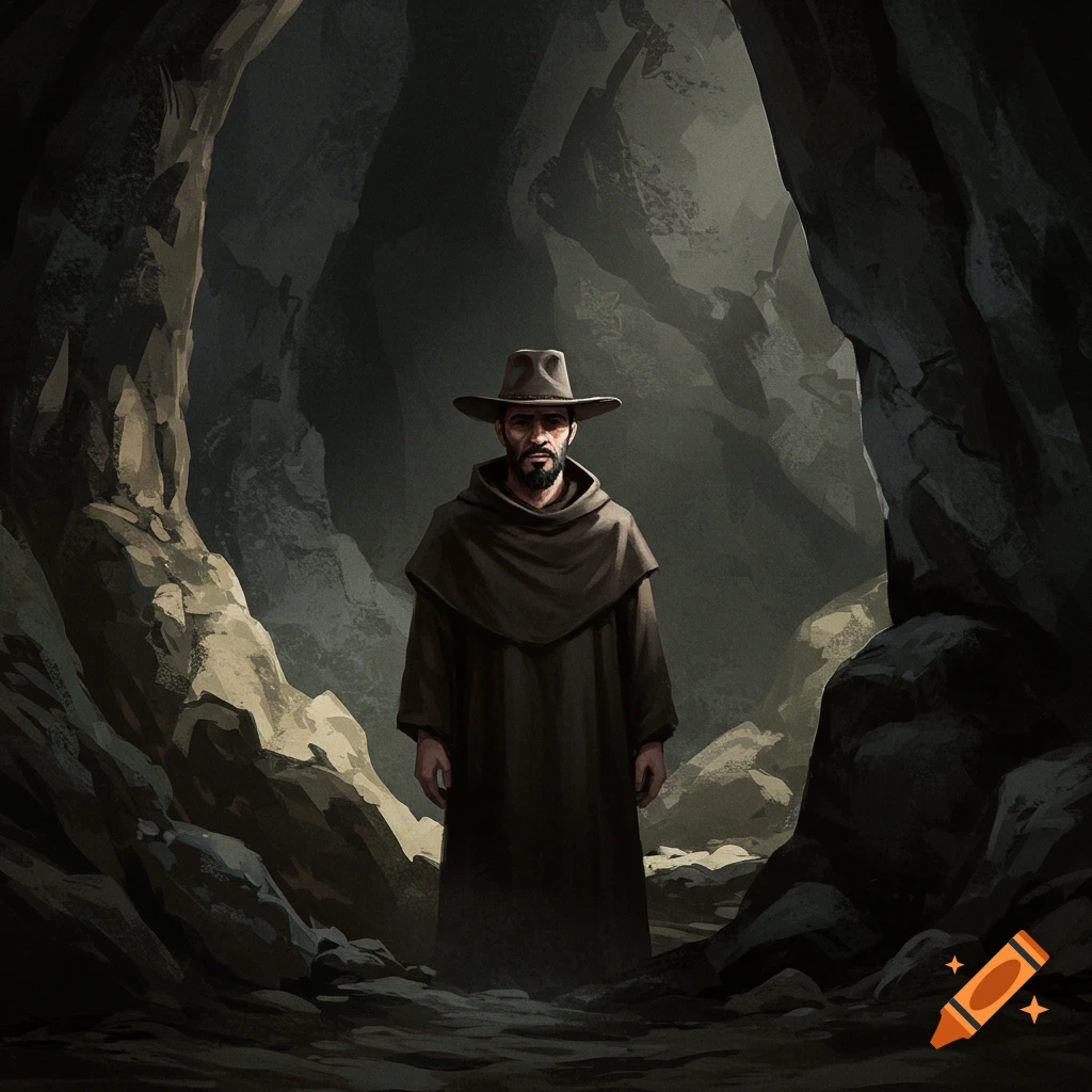 A man in a robe and hat stands in a dark cave.