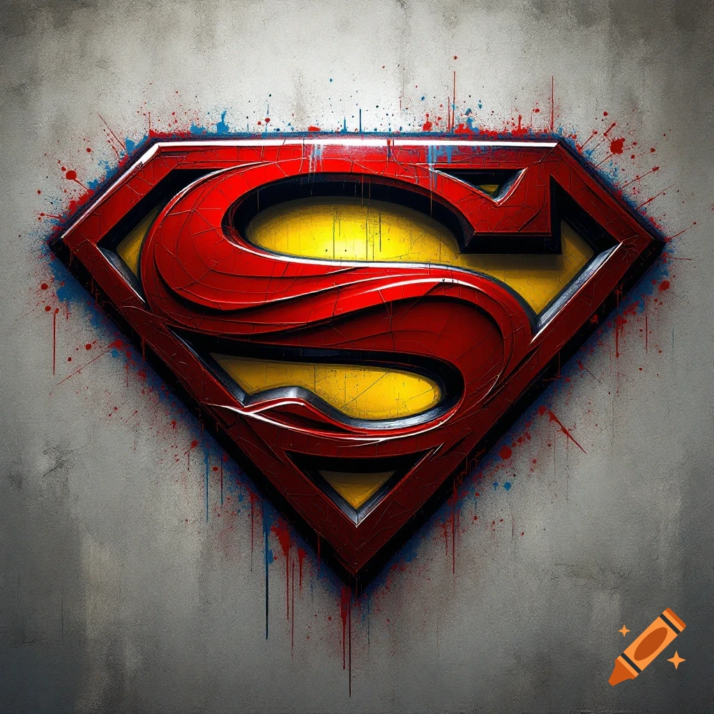 The red and yellow Superman symbol spray-painted onto a gray concrete wall with paint drips.