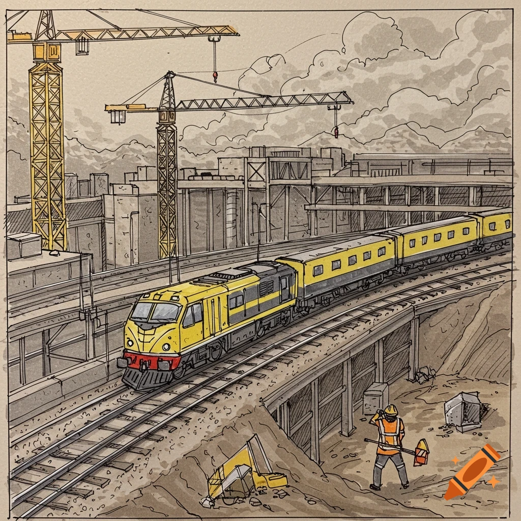 Illustration of a yellow train at a construction site with cranes, buildings, and a worker below.