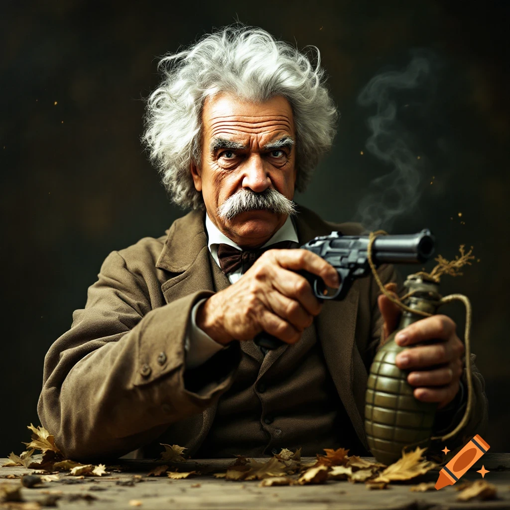 Man resembling Mark Twain holding a gun and a grenade in a dark, moody scene.