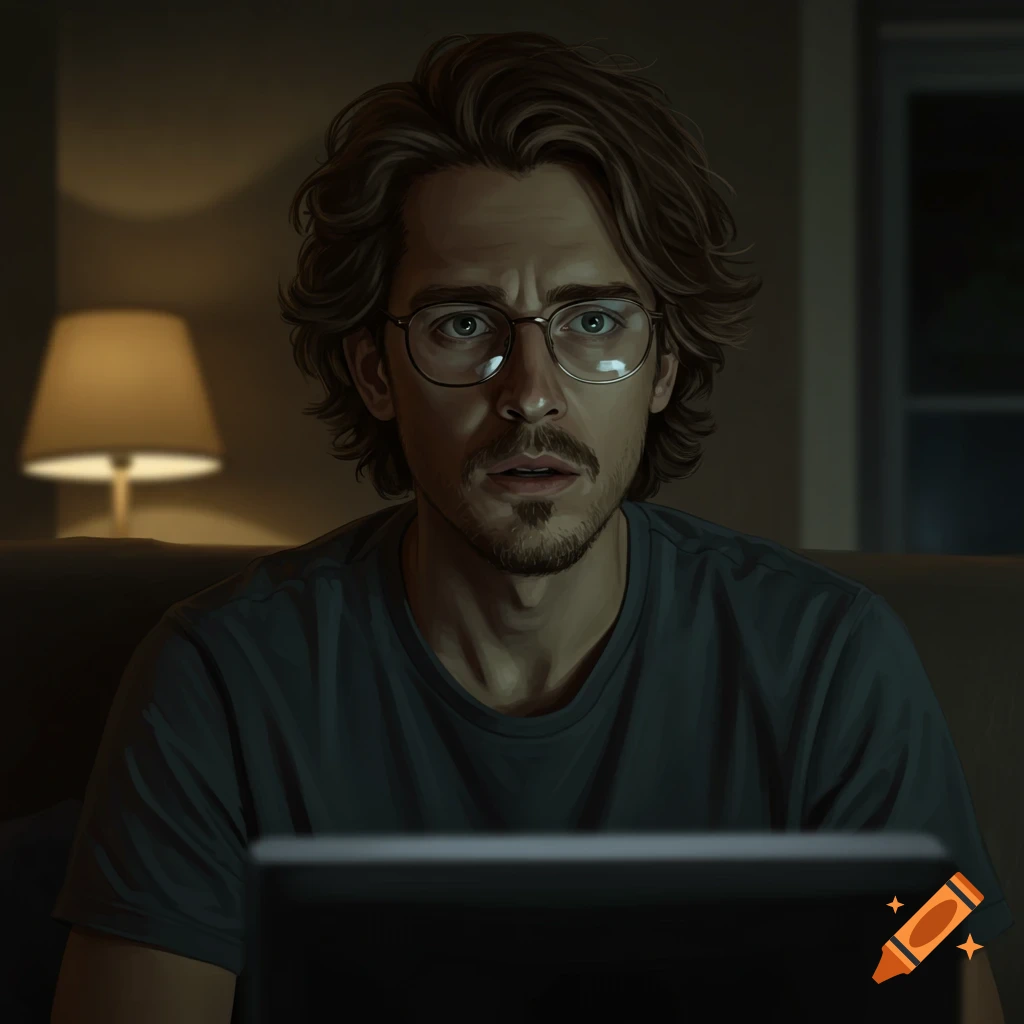 A man with glasses is watching a screen, looking paranoid.