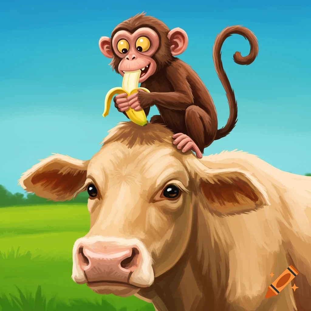 A cartoon monkey eating a banana sits on a cow's head.