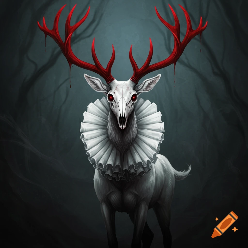 Creepy white deer with skull face, red antlers, red eyes, and white ruff in dark forest.