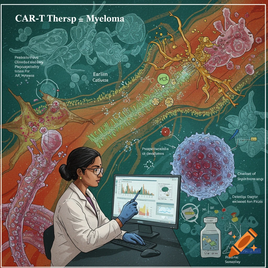 An illustration of a scientist looking at a computer with graphs next to detailed diagrams of cells and medical processes related to CAR-T therapy for Myeloma.