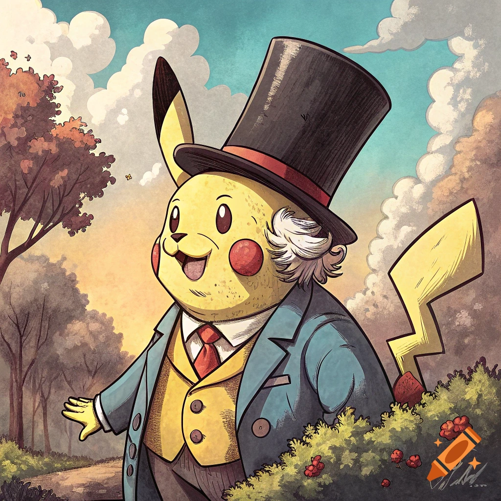 A Pikachu wearing a suit and top hat walks along a path outdoors.