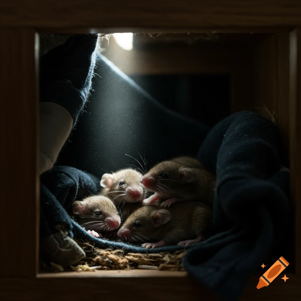 Several baby mice huddle together in a dark wooden space, illuminated by a beam of light.