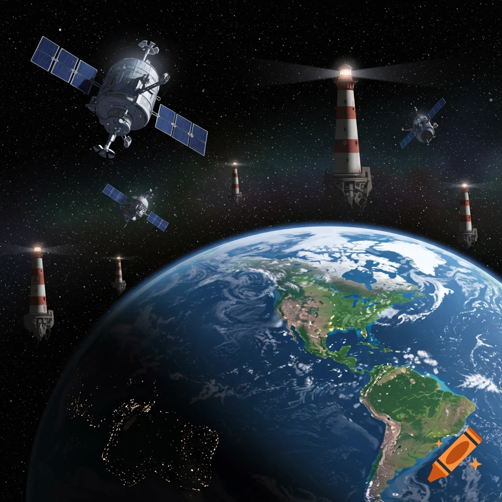 Planet Earth with satellites and lighthouses floating in space.