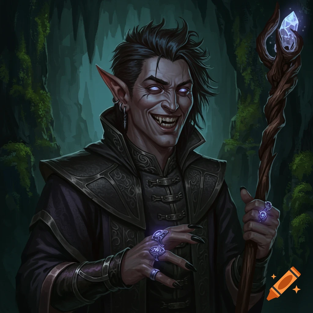 A male half-elf warlock grinning evilly in a cave.
