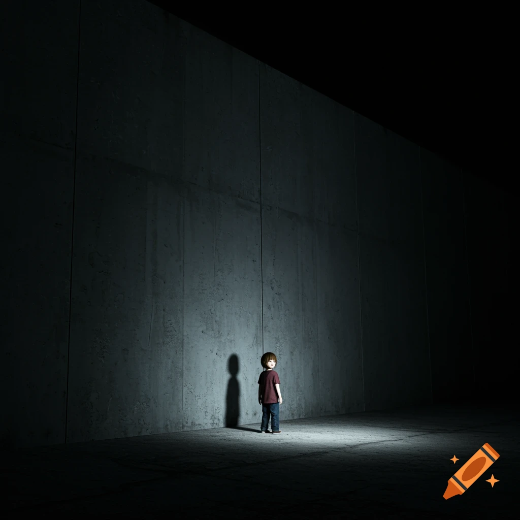 A child stands in a dark concrete room under a spotlight