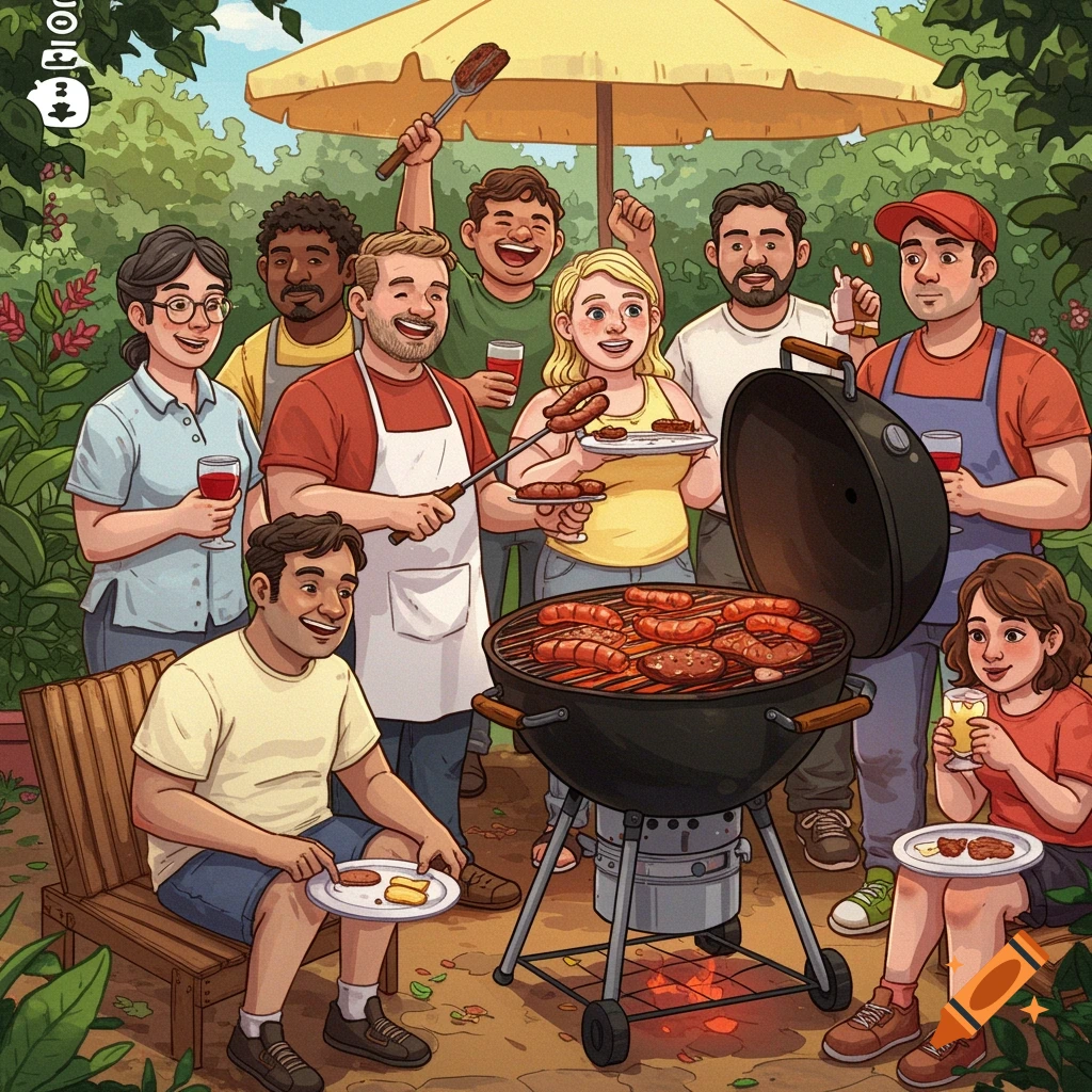 Cartoon of a diverse group grilling at a backyard barbecue.