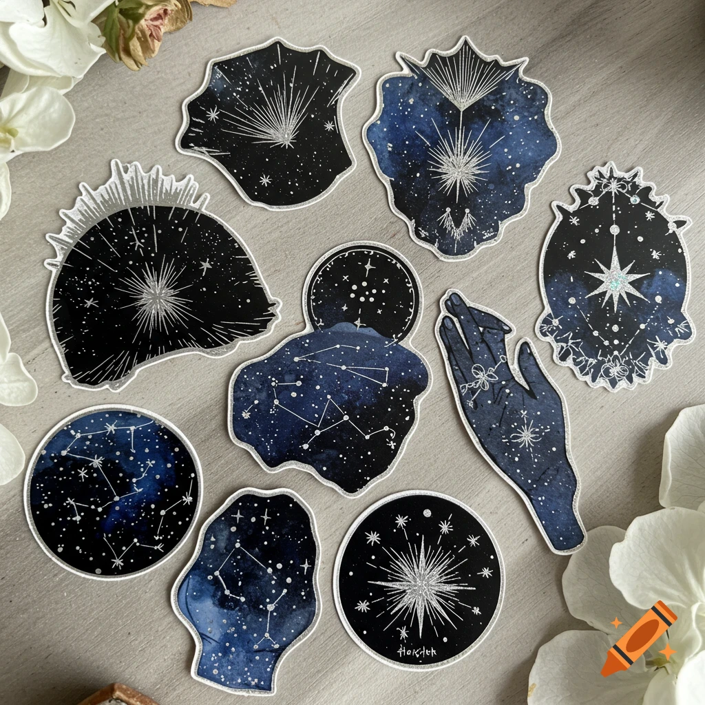A collection of black, blue, and silver stickers featuring celestial designs like stars and constellations, arranged on a gray surface.
