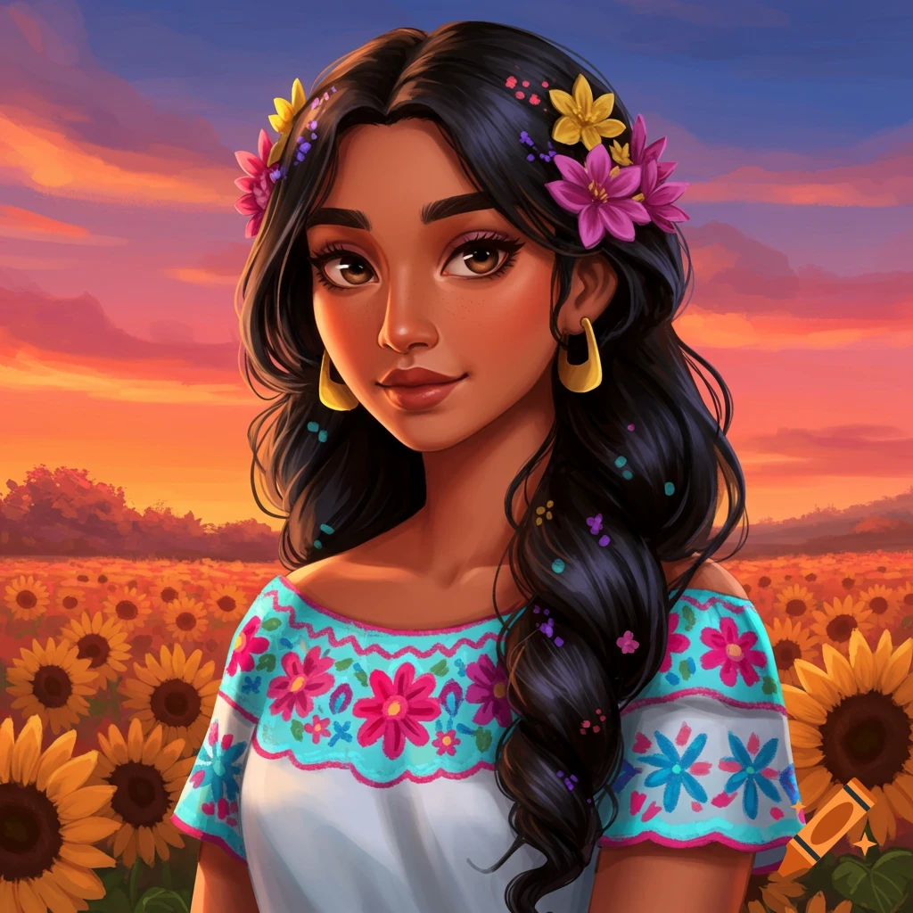 A Latina woman in a sunflower field at sunset.