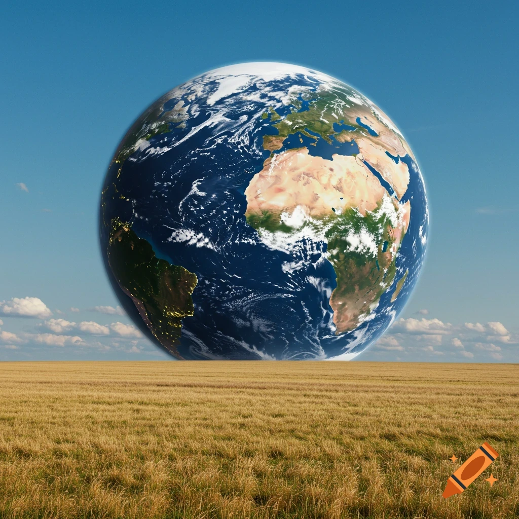 The Earth towers over a golden field under a blue sky.