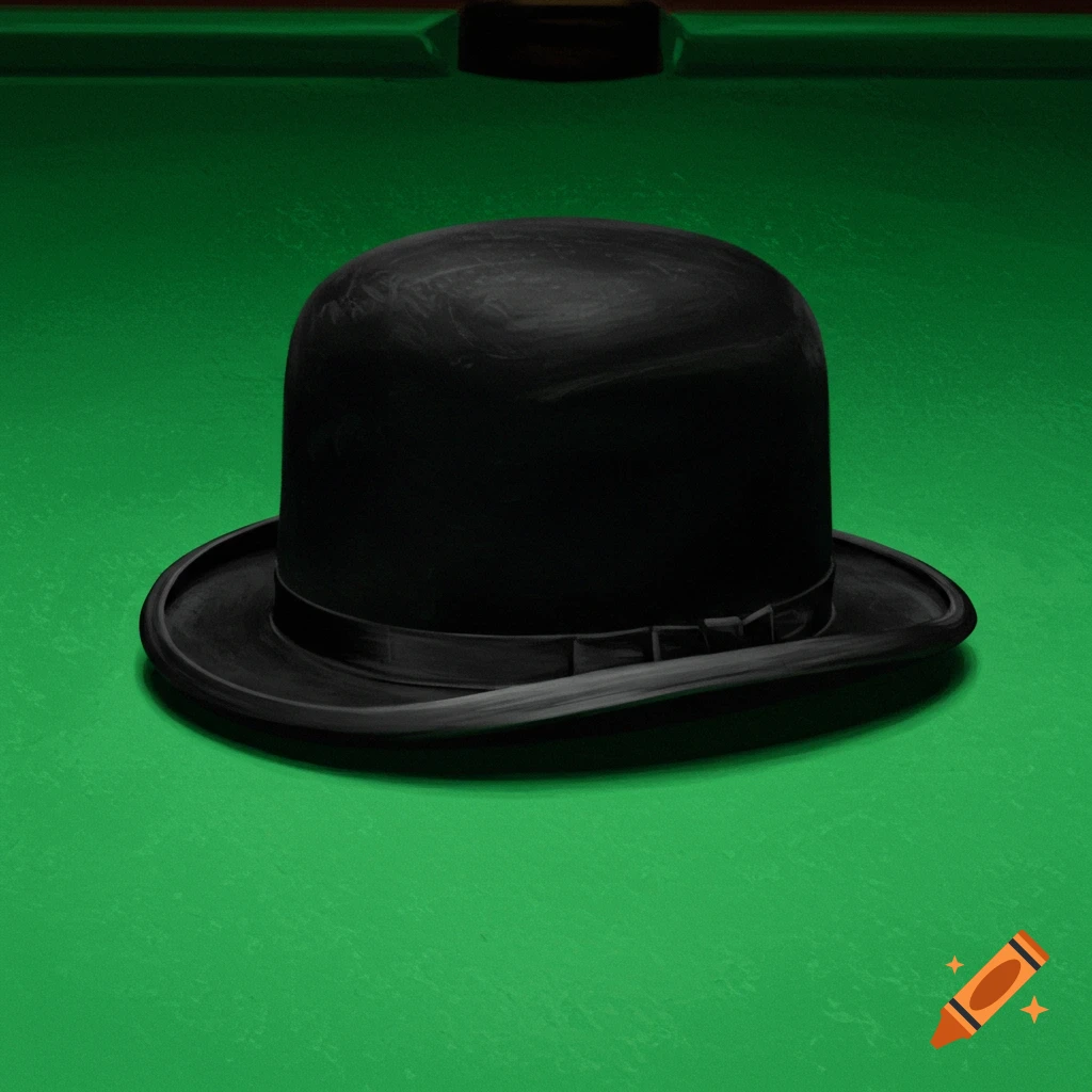 A black bowler hat sits on a green pool table.