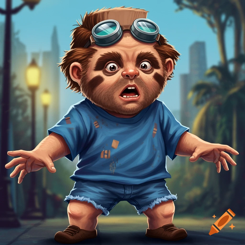 Cartoonish character resembling Chunk from The Goonies, wearing goggles and ripped clothes, standing with arms open in an urban street.