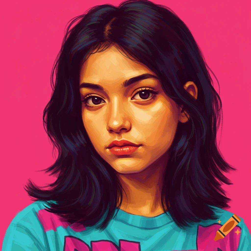 portrait of a young woman in a blue and pink striped shirt against a pink background