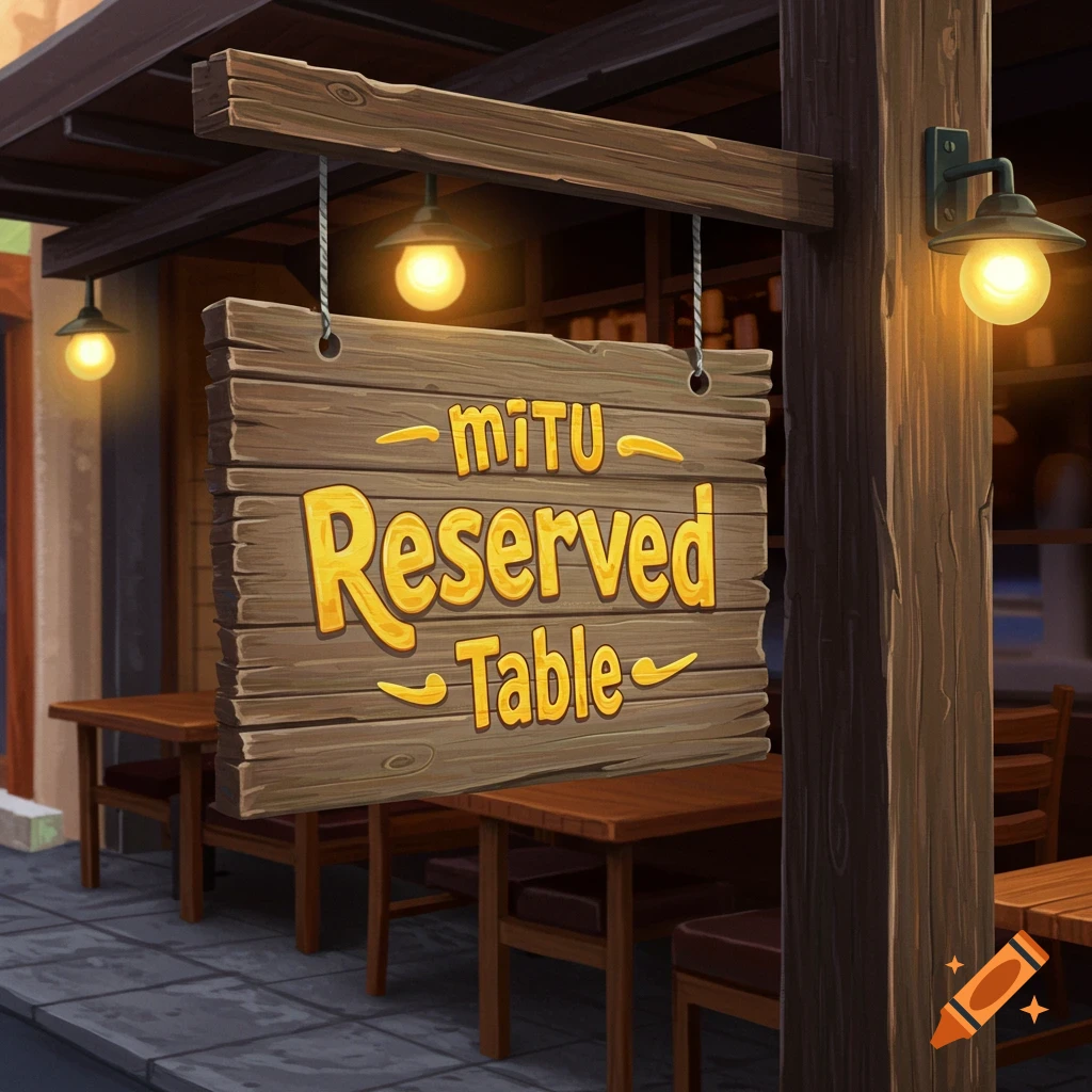 A wooden sign outside a restaurant that reads 'miTU Reserved Table'.