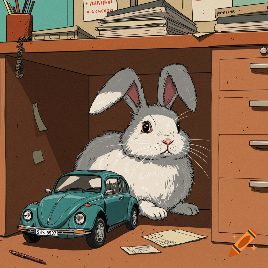 A large grey and white rabbit sits under an office desk next to a blue Volkswagen Beetle.