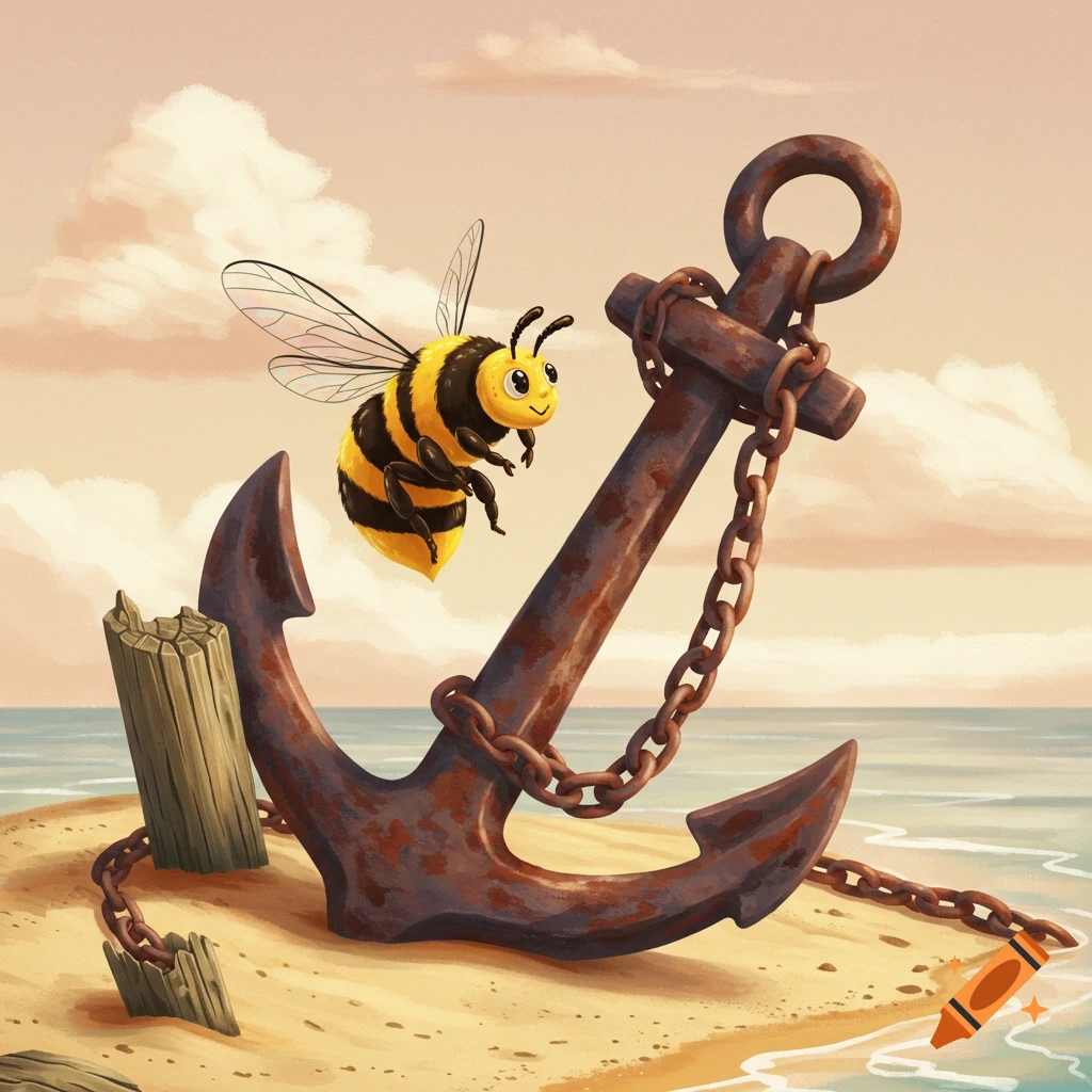A cartoon bee flies near a rusty anchor on a sandy beach.