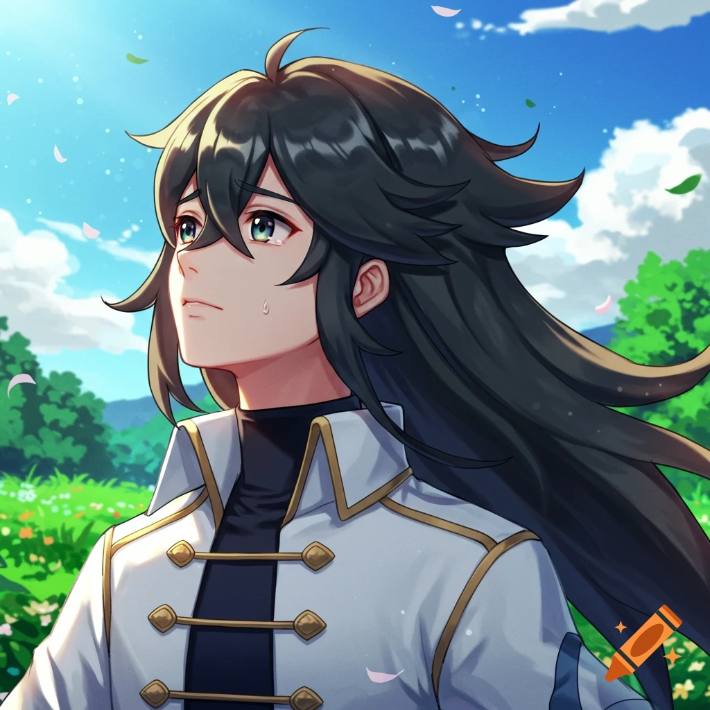 Anime character N from Pokémon looking up with a tear in a sunny field.