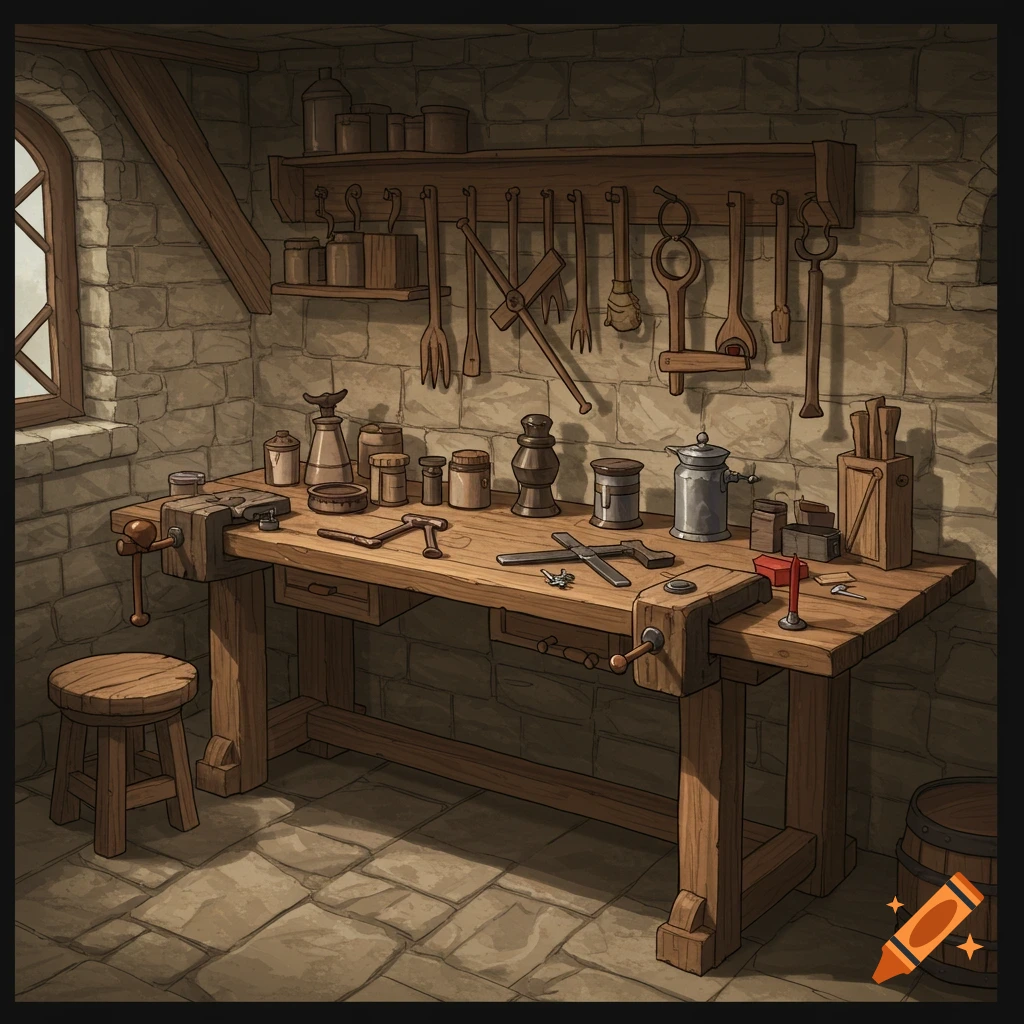 A medieval workshop with a workbench, tools on the wall, and a window.