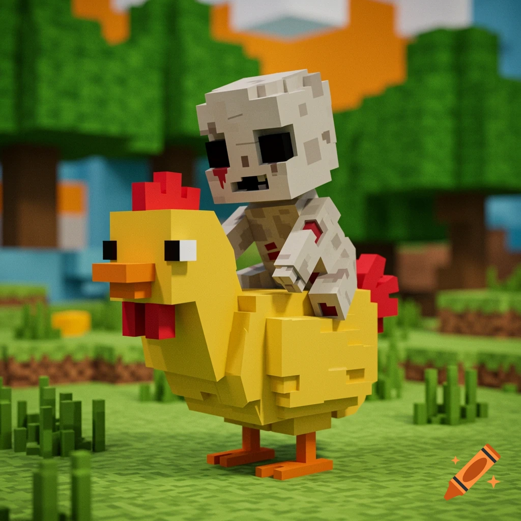 A blocky zombie rides a blocky chicken in a pixelated game world.