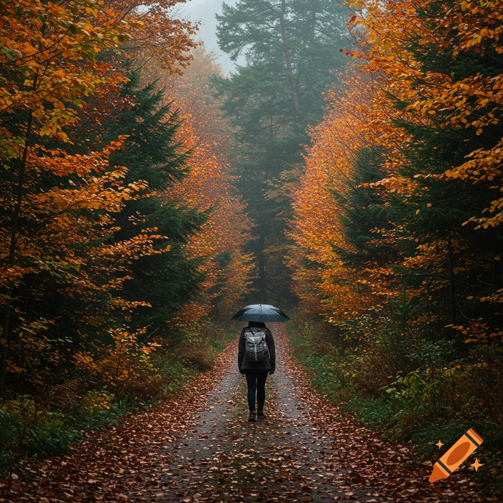 A person walks with an umbrella down a tree-lined path covered in autumn leaves.