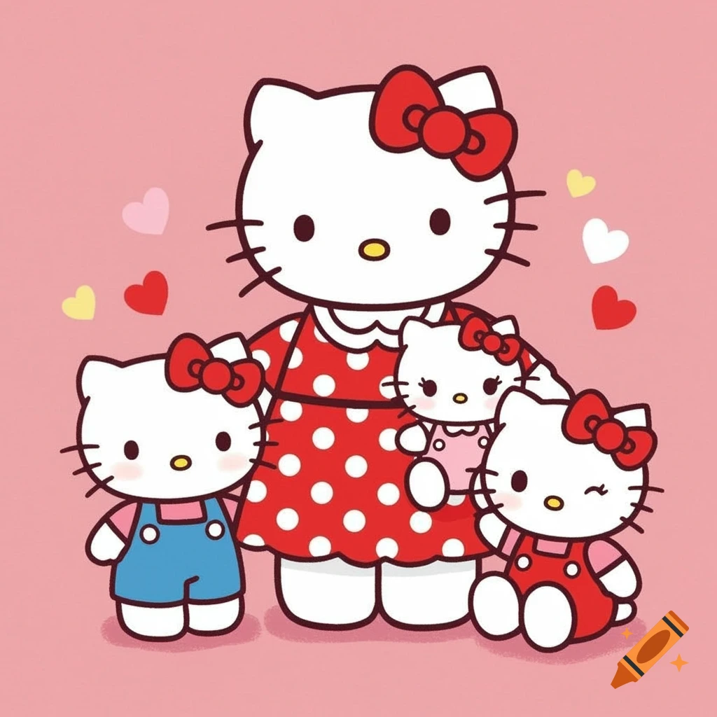 Cartoon illustration of Hello Kitty mother with her three children.